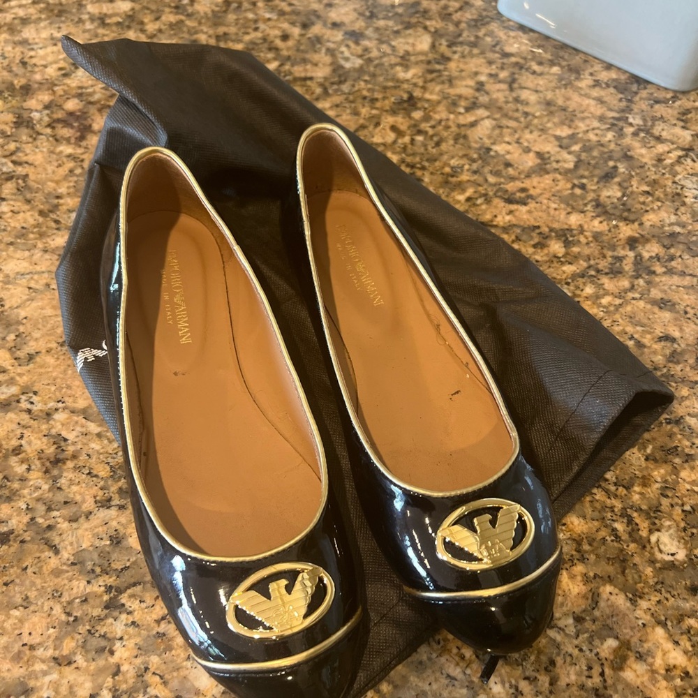 Emporio Armani Black Flats with Gold Embellishment